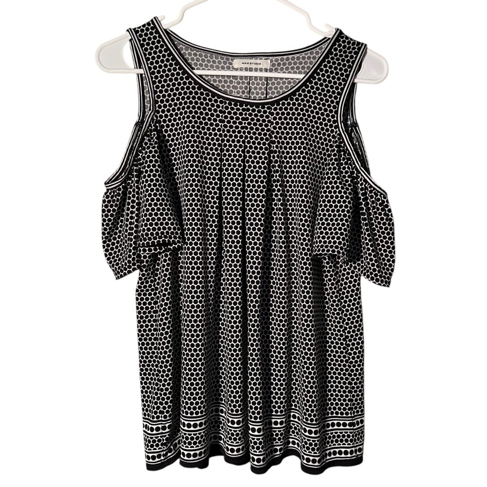 Max Studio Womens Cold Shoulder Blouse Black White Polka Dots Scoop Neck Stretch